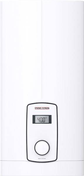 Bílý průtokový ohřívač s digitálním displejem zobrazuje '40°C'. Velký otočný knoflík pro ovládání je umístěn pod displejem.