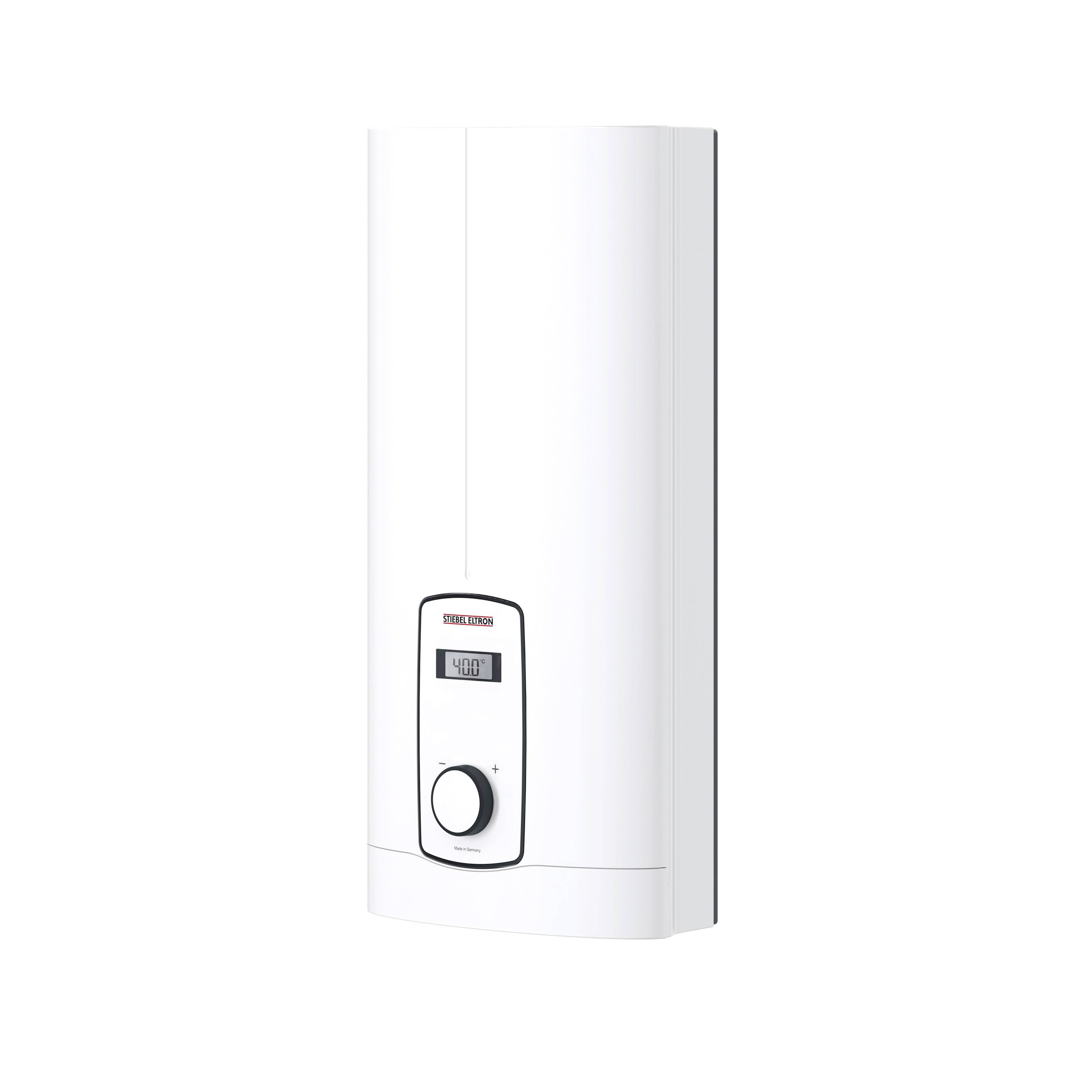 Bílý elektronický průtokový ohřívač vody s digitálním displejem a regulačním knoflíkem teploty, vhodný pro montáž na stěnu.