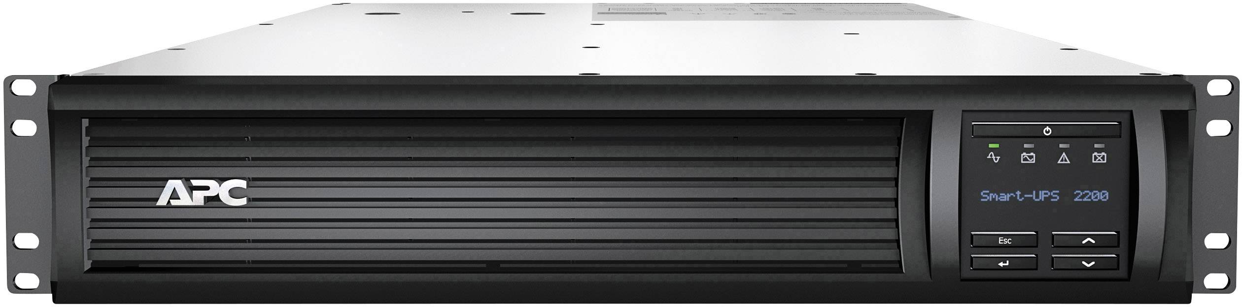 Rack-mountovaná APC Smart-UPS 2200VA s větracími otvory a ovládacím panelem, vhodná pro zabezpečení IT zařízení při výpadcích elektrického proudu.