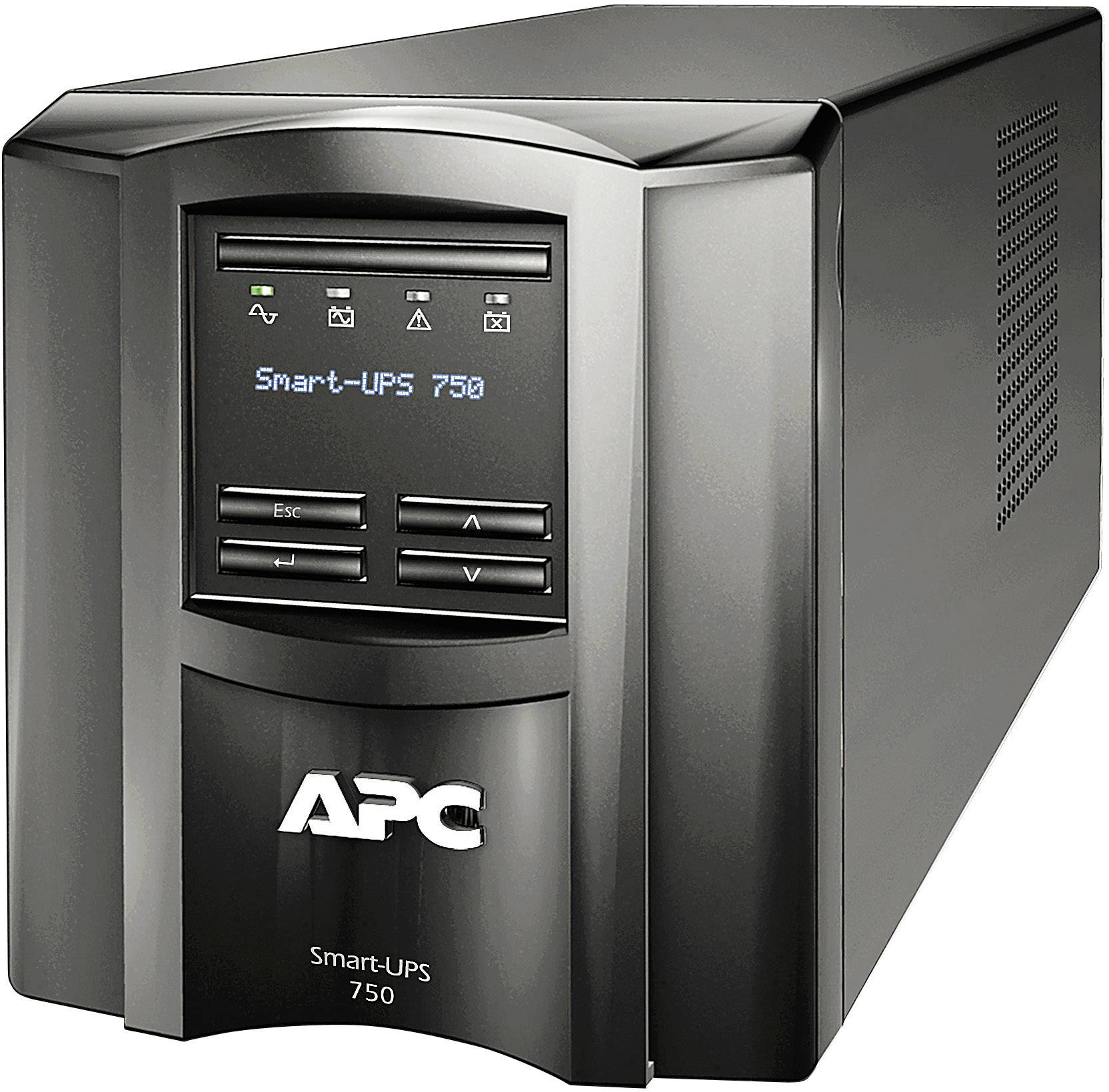 Černá APC Smart-UPS 750 s digitálním displejem a ovládacími tlačítky, vhodná pro zajištění a ochranu před výpadky elektrického proudu.