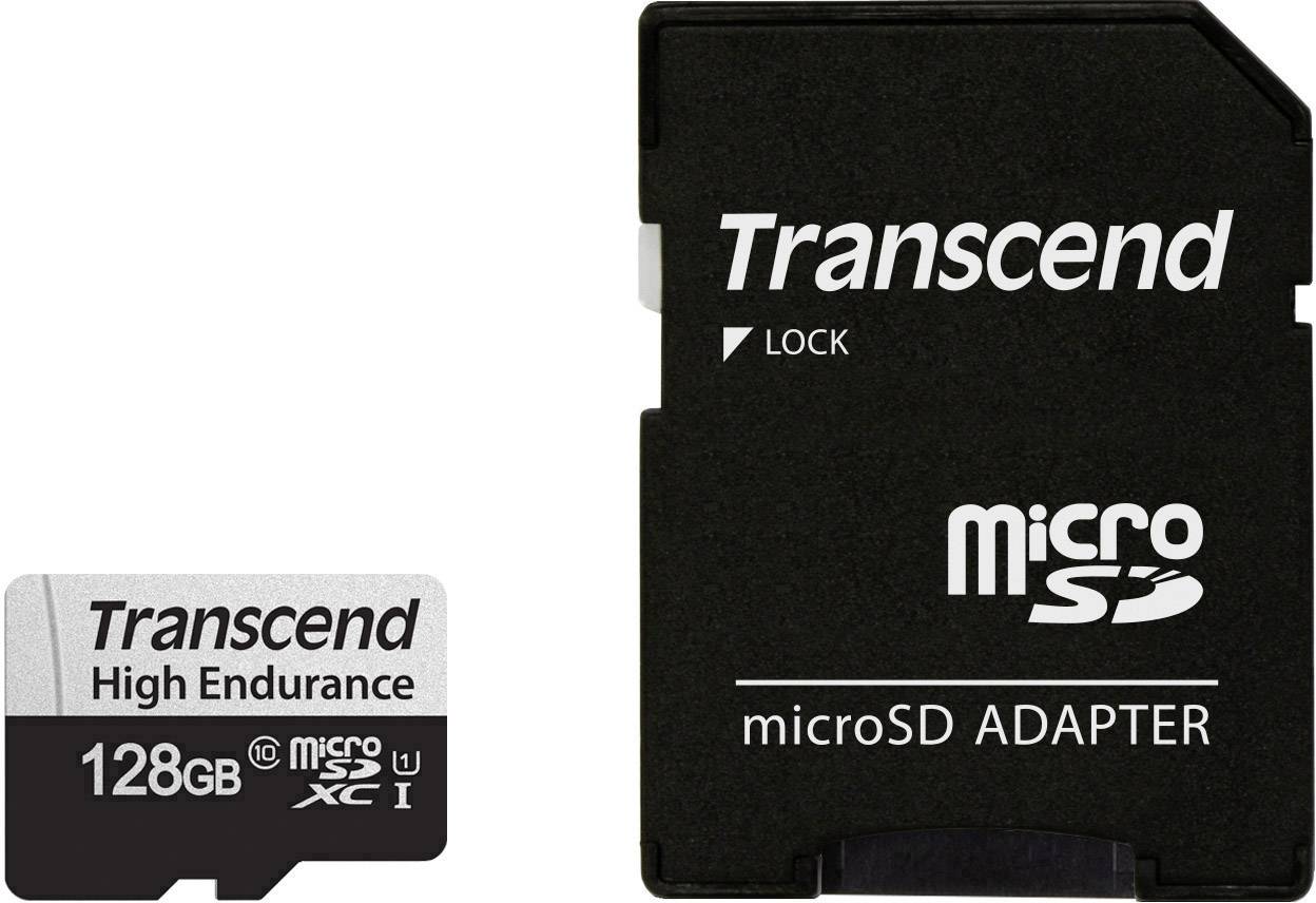Karta Transcend High Endurance 128GB microSD s SD adaptérem vedle. Ideální pro vysoce kvalitní videonahrávky a sledování.