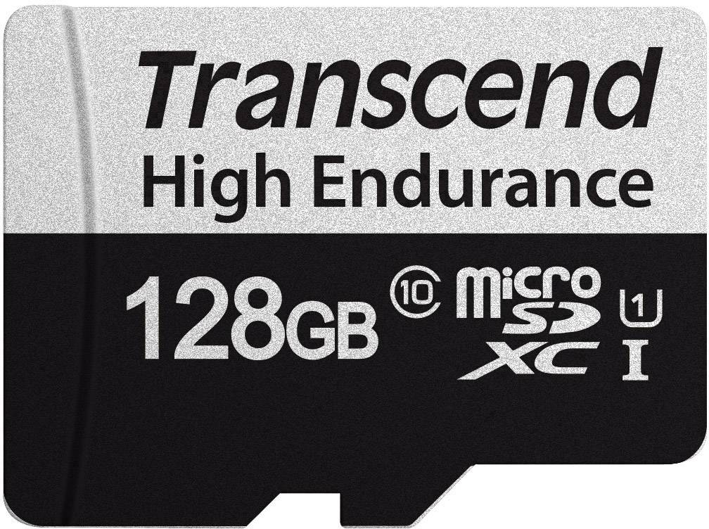 Karta Transcend High Endurance MicroSD s kapacitou 128 GB, třída 10, ideální pro dlouhodobý zápis a nahrávání.