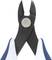 Boční štípací kleště s modrými a bílými rukojeťmi, vhodné pro řezání drátů a malých kovových předmětů.