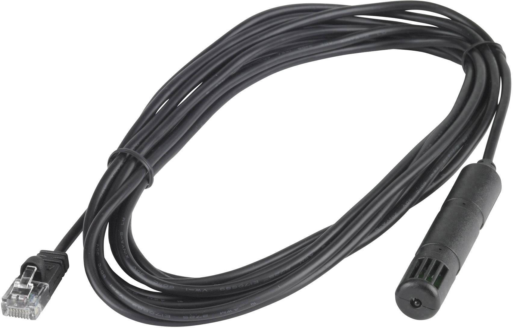 Černý kabel s konektorem RJ45 na jednom konci a válcovitým senzorem na konci druhém, pravděpodobně určený pro měření teploty.