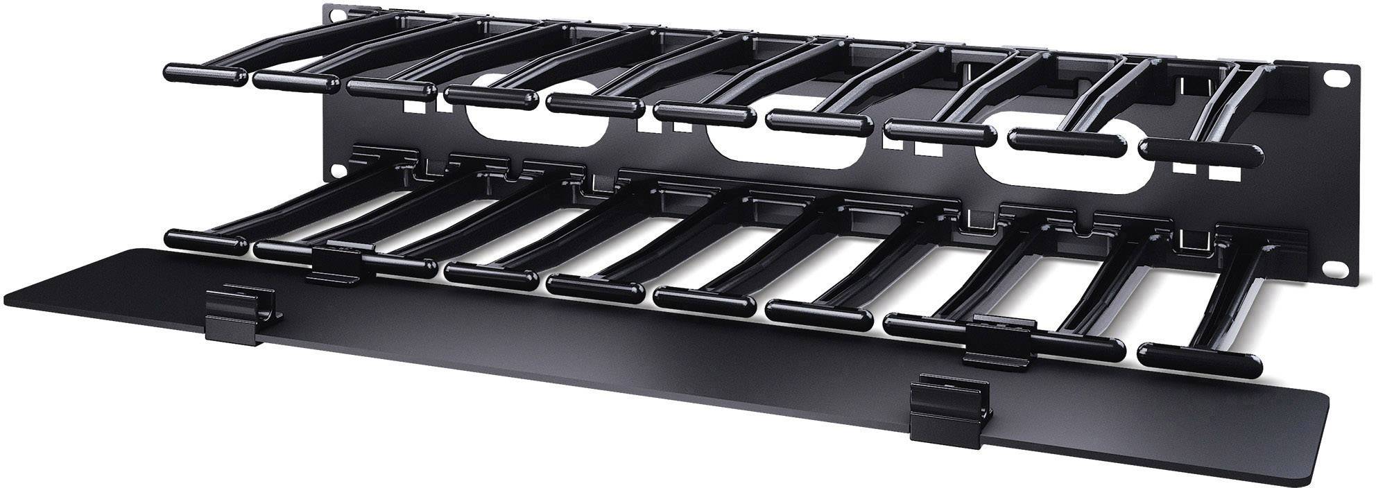 Černý organizér na kabeláž s držáky, háčky a odnímatelným předním krytem pro efektivní uspořádání kabelů v serverových stojanech.