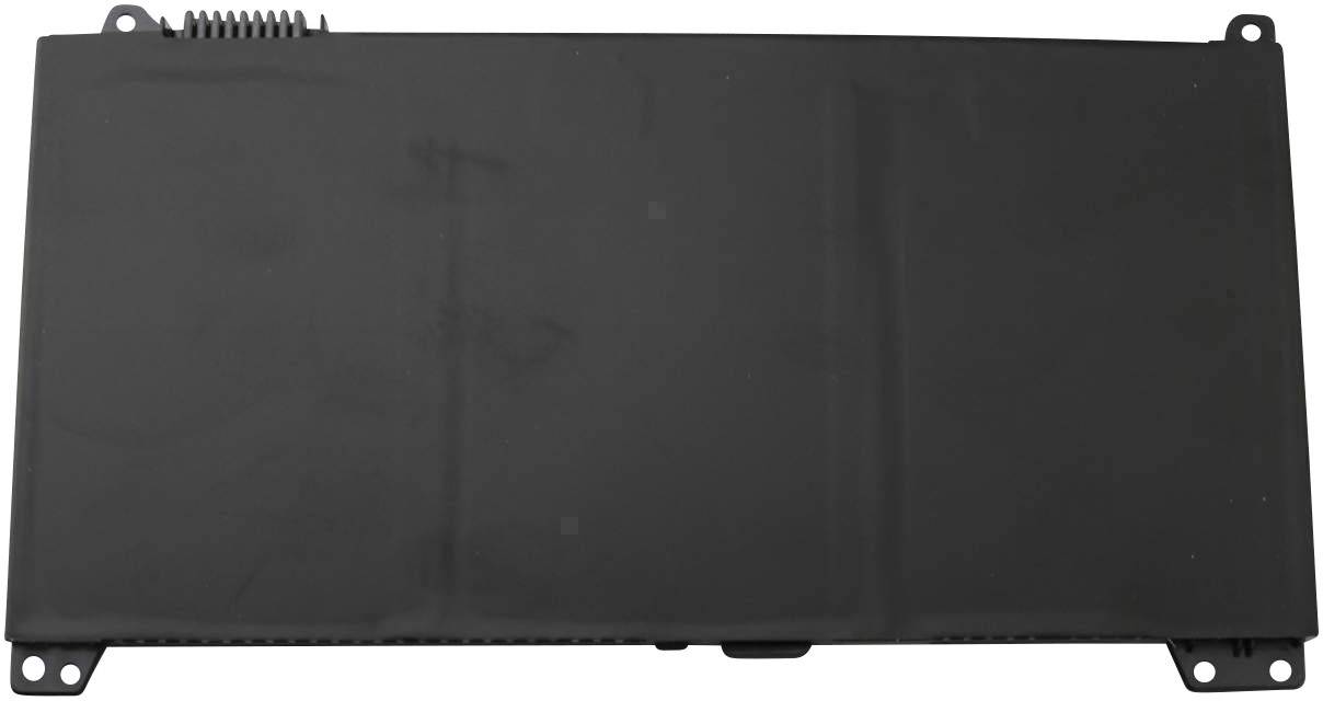 Černá obdélníková baterie do notebooku s konektory a upevňovacími body v rozích, umístěná před bílým pozadím.