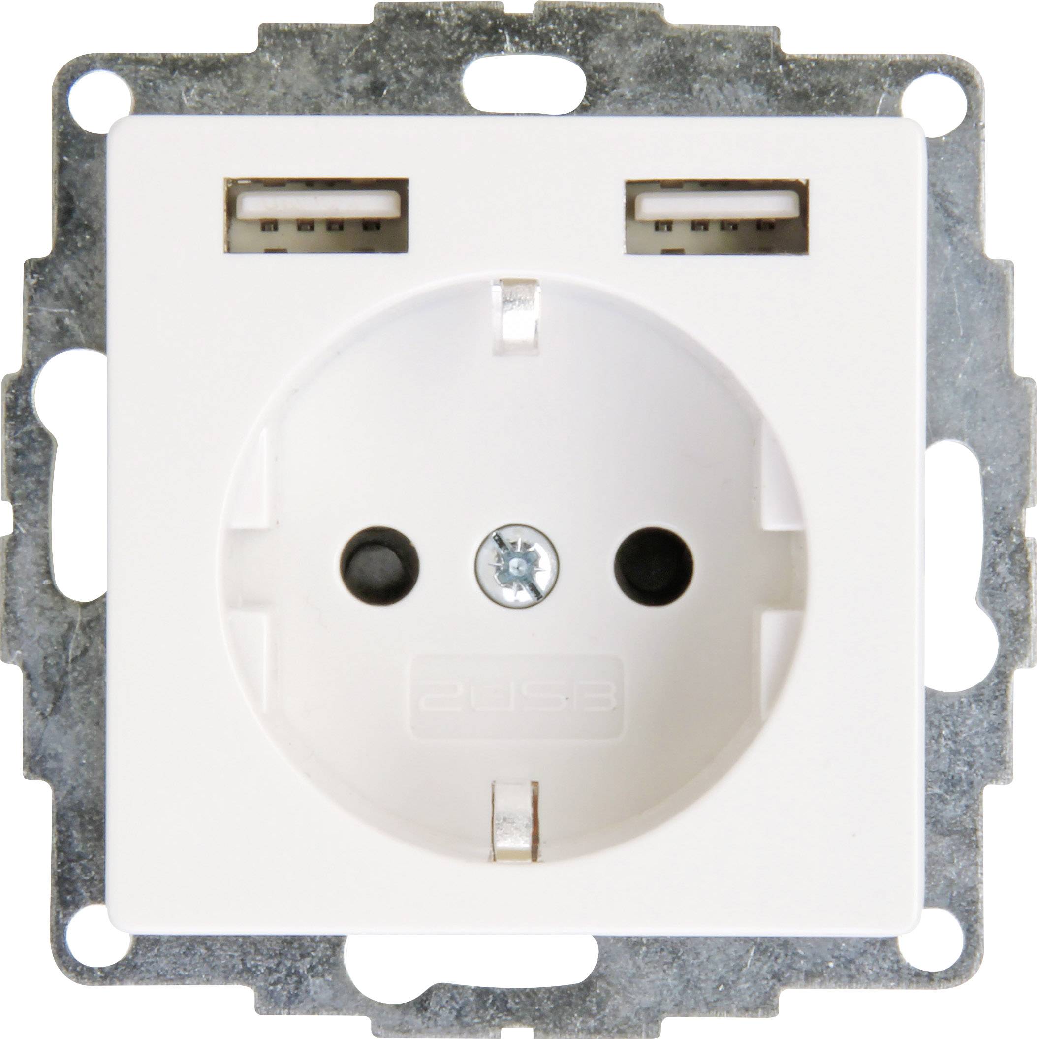 Bílá zásuvka se dvěma USB porty nahoře. Vhodná pro současné nabíjení elektronických a jiných zařízení.