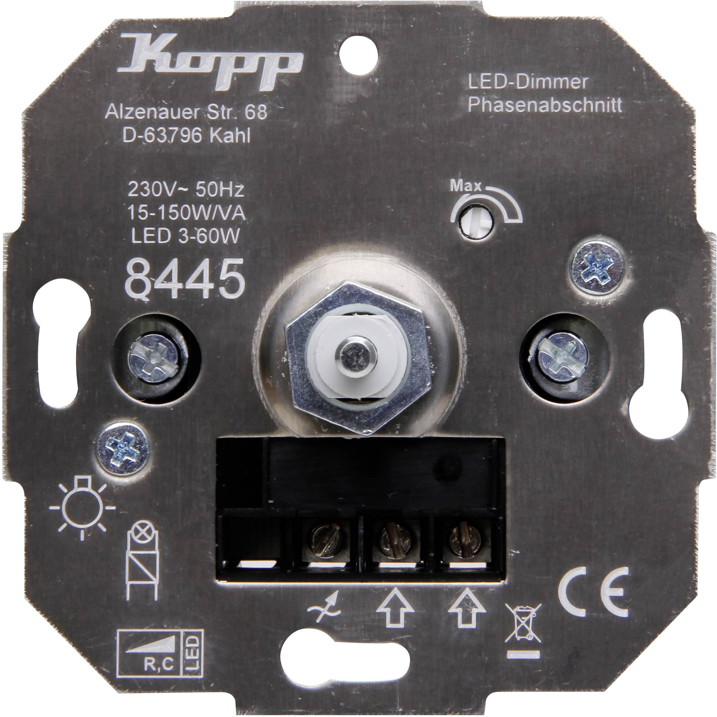 'Kopp LED stmívač' s fázovým řízením, 230V, 15-150W. Na obrázku jsou znázorněny připojení a technické detaily.