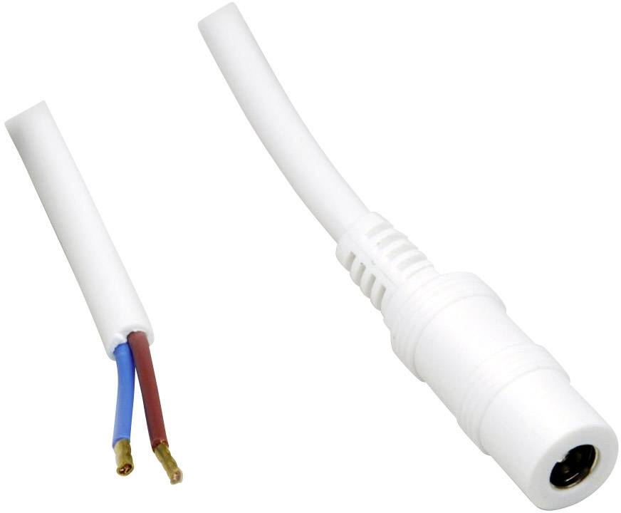 Bílý elektrický kabel s otevřeným koncem odhalujícím dva měděné vodiče a zástrčkou pro připojení k zařízení.