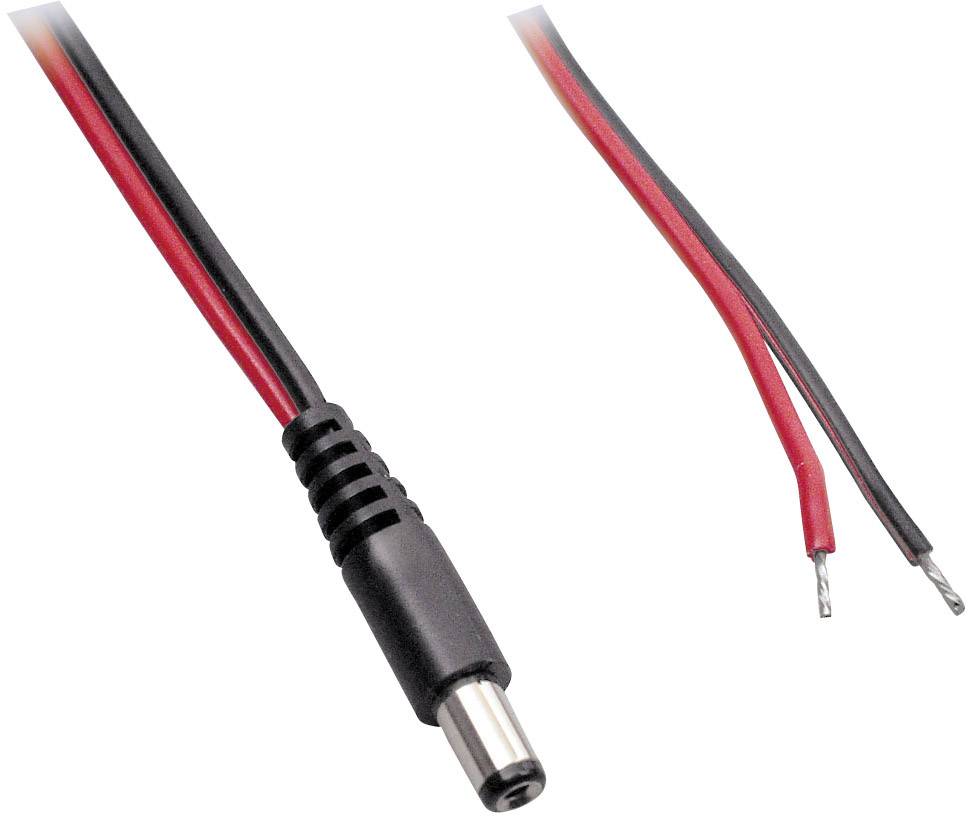 Černý a červený stejnosměrný napájecí kabel s konektorem na jedné straně a nezakončenými vodiči na straně druhé.