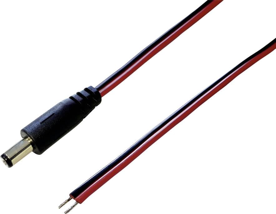 Černočervený kabel se zástrčkou a holými konci.