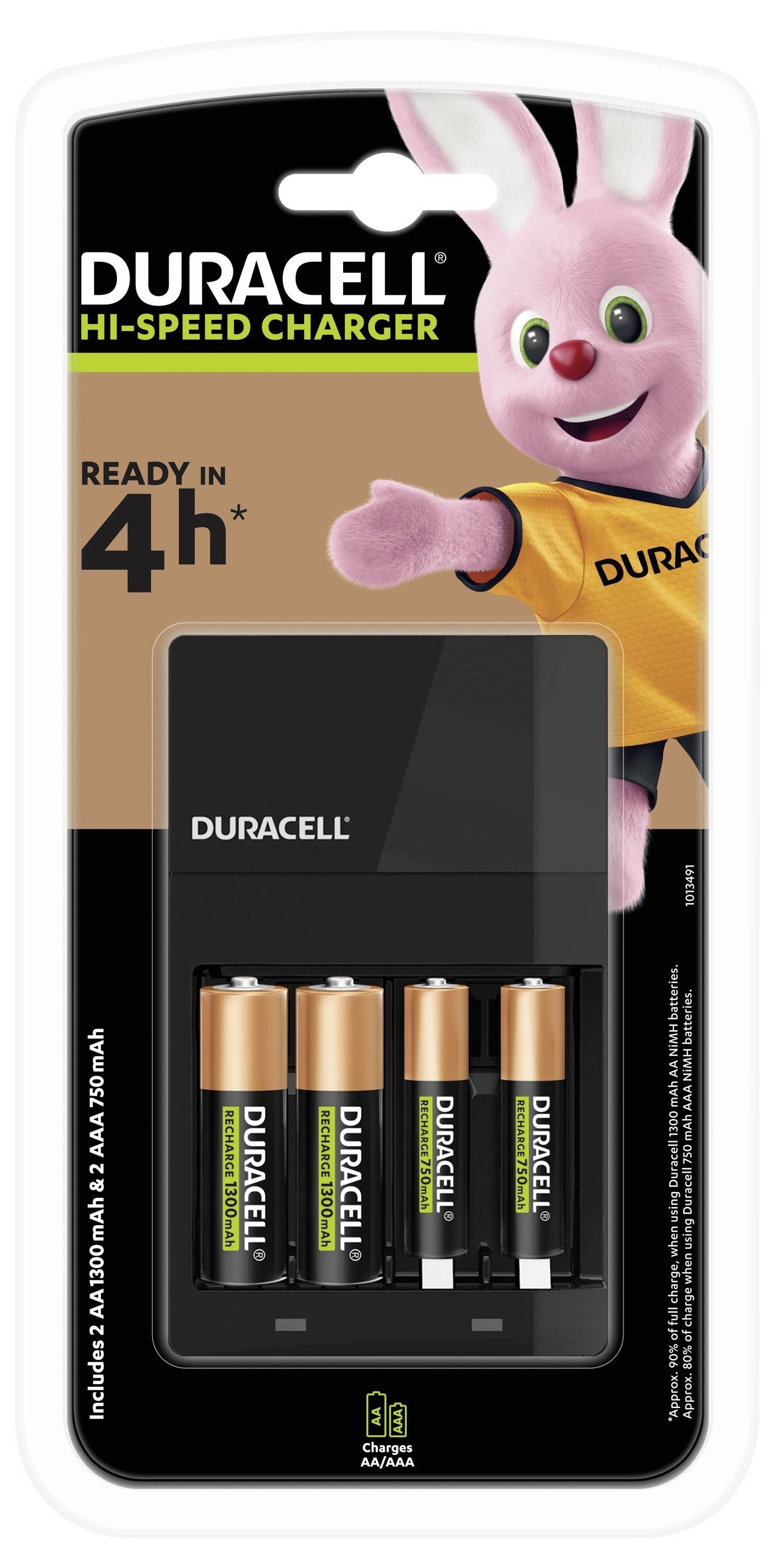 Balíček nabíječe Duracell se čtyřmi nabíjecími bateriemi AA. Růžový králíček maskot v pravém horním rohu, označený jako „Hi-Speed Charger".