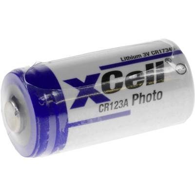 Lithiová baterie xCell CR123A, 3 volty, určená pro fotoaparáty. Válcovitého tvaru s modrým a bílým popisem.