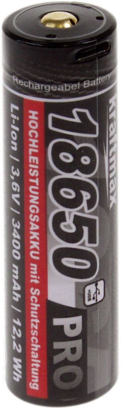 Lithium-iontová baterie typ 18650 od Kraftmax, 3,6 V, 3400 mAh, 12,2 Wh, s ochranným obvodem, pro vysoce výkonné aplikace.