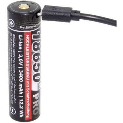 Lithium-iontový akumulátor '18650 PRO High Performance' s napětím 3,6V a kapacitou 3400mAh je připojen kabelem. Výstražné pokyny jsou vytištěny přímo na baterii.