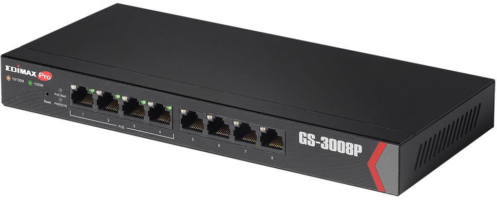 Černý síťový switch 'EDIMAX GS-3008P' s osmi ethernetovými porty a stavovými LED diodami na přední straně.