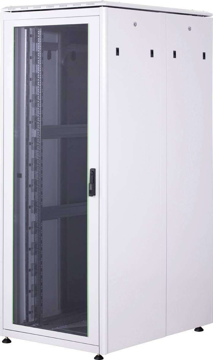 Bílá serverová skříň se skleněnými dveřmi, kovovým rámem a černými madly, vzpřímeně stojící, vhodná pro IT vybavení v datových centrech.