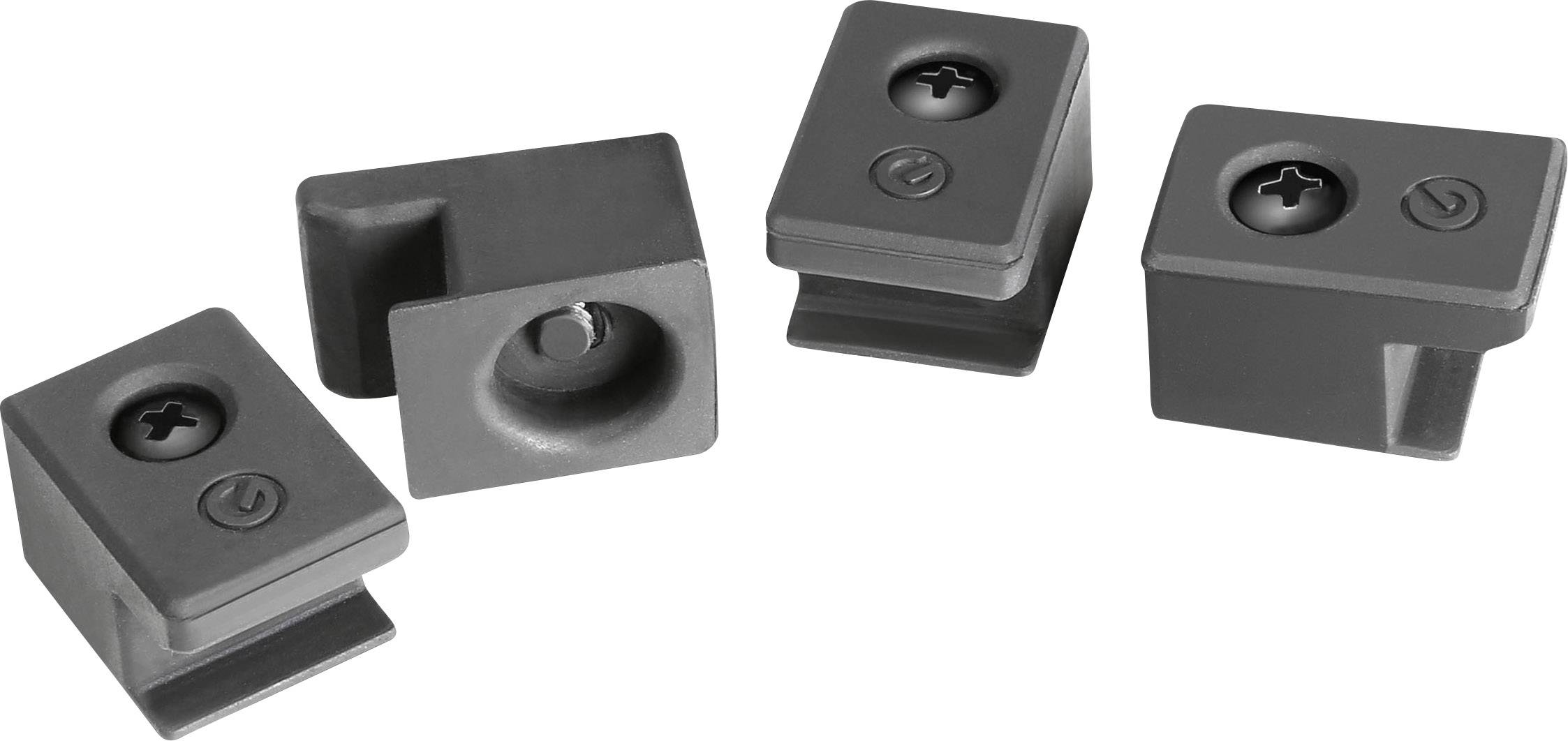 Čtyři černé plastové svorky se šroubovým upevněním jsou zde zobrazeny, každá s mechanismem pro uchycení součástek.