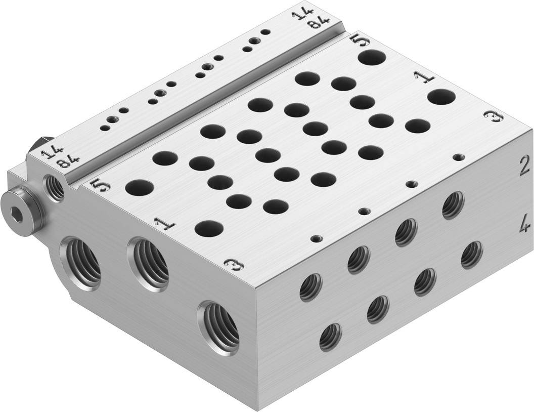 Kovový hydraulický blok s několika otvory a závity, očíslovaný od 1 do 5, určený pro řízení hydraulických kapalin.
