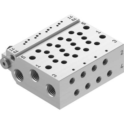 Kovový hydraulický blok s několika otvory a závity, očíslovaný od 1 do 5, určený pro řízení hydraulických kapalin.