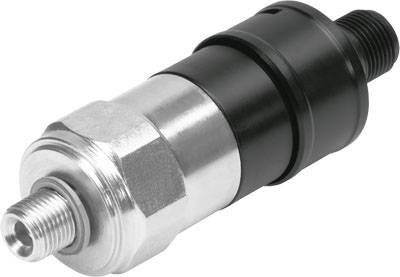 Stříbrný a černý tlakový senzor, válcovitého tvaru, s závitovým připojením. Používaný především v hydraulických systémech.
