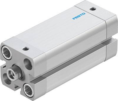 Stříbrný pneumatický válec s modrým logem, používaný v automatizační technice pro přímočarý pohyb.