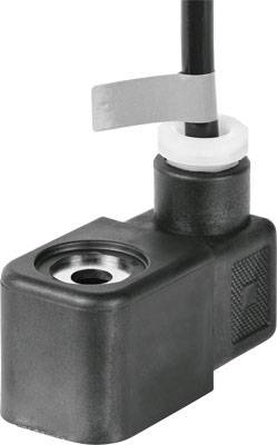 Černý magnetický senzor s připojeným kabelem a upevňovacím prvkem.