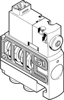 Elektrické součástky, pravděpodobně stykač nebo relé, s připojovacími body a spínacím mechanismem. Perspektiva zobrazuje detaily krytu.
