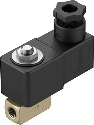 Černý pravoúhlý ventil s kovovým připojením a nastavovacím knoflíkem, který se používá v pneumatických nebo hydraulických systémech.