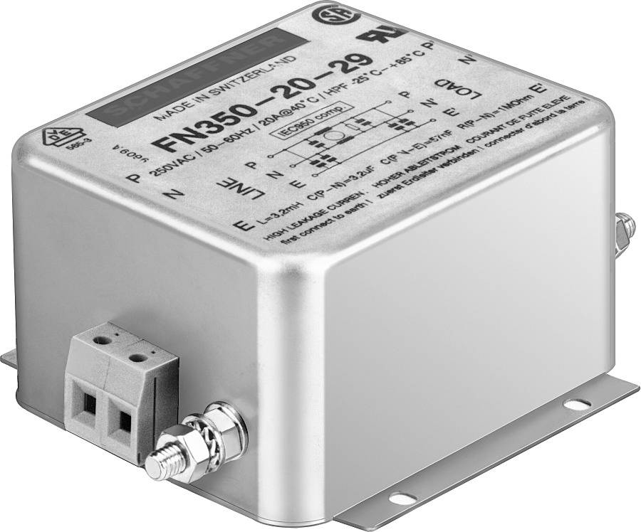 Stříbrný elektrický filtr pro průmyslové aplikace s technickými specifikacemi na horní straně.