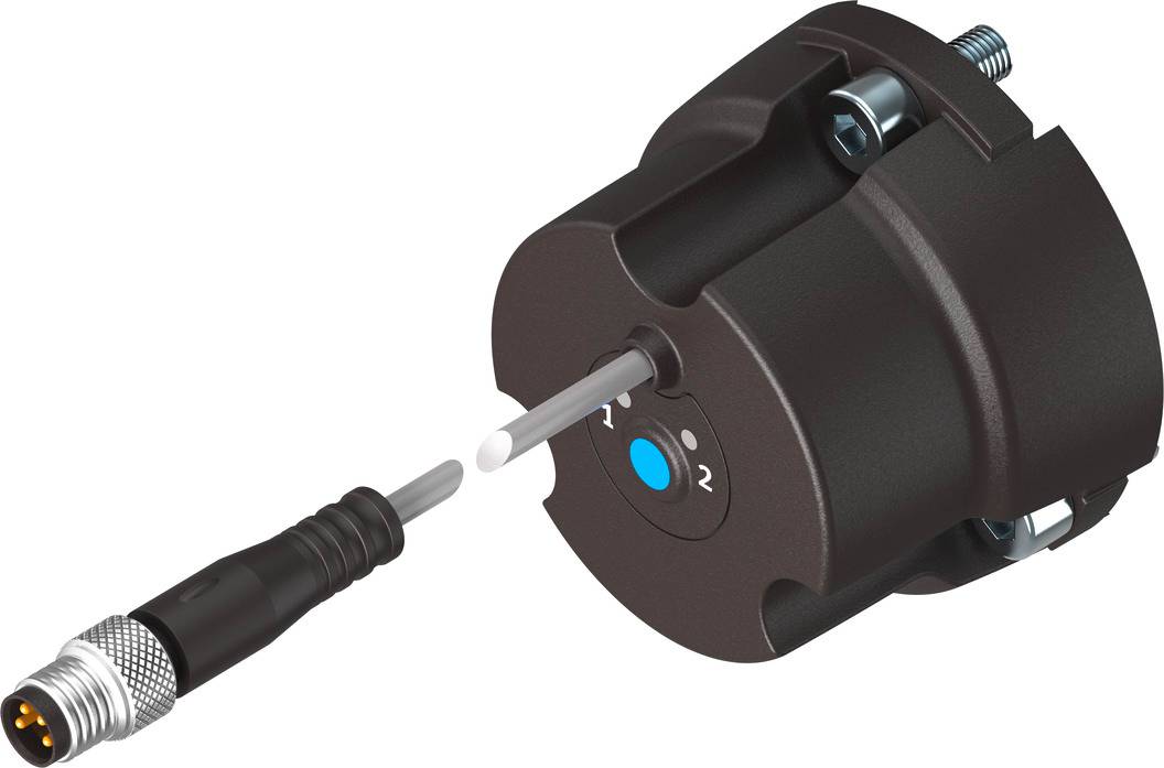 Kulatý černý elektrický senzor s kabelovým připojením, šrouby a modrou značkou na přední straně, určený pro měření parametrů.