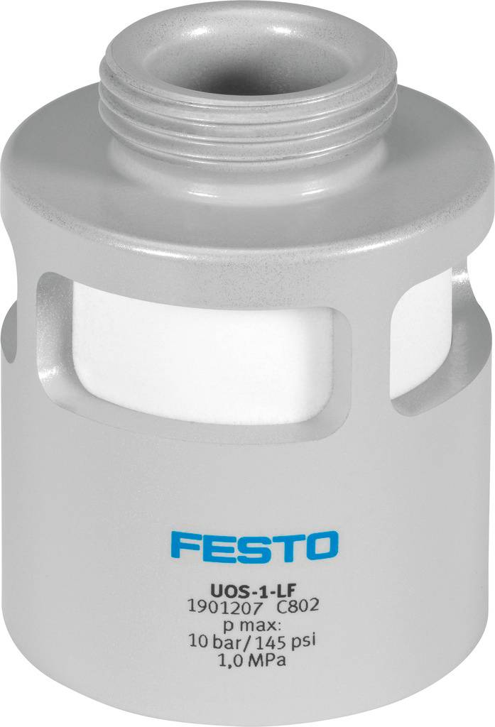 Stříbrný Festo pneumatický filtr, model UOS-1-LF, zobrazuje maximální tlakové informace: 10 bar/145 psi, 1,0 MPa.