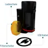 Černá LED svítilna s USB kabelem, nabíjecí základnou a odnímatelným oranžovým filtrem, zobrazená s popisky.