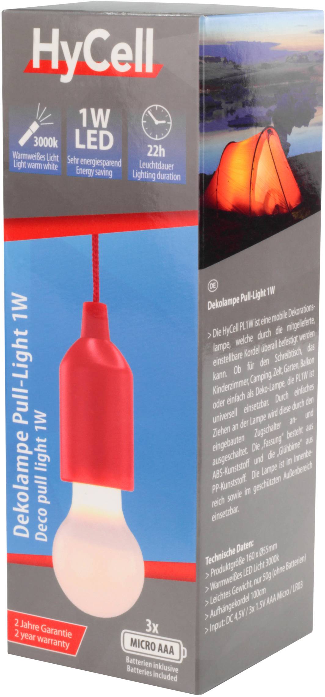 Obal dekorativní LED lampy s obrázkem červeně svítící kulovité žárovky. Text zvýrazňuje '22h doby svícení' a '3000K teplá bílá'.