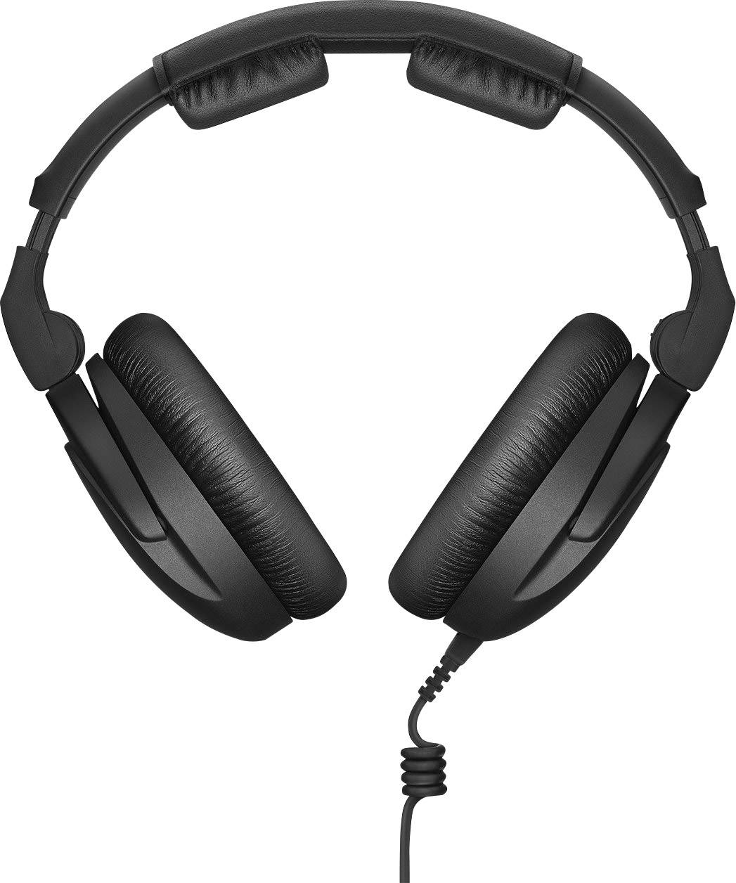 Černá drátová over-ear sluchátka s polstrovanými mušlovými sluchátky a čelenkou, zobrazená před bílým pozadím.