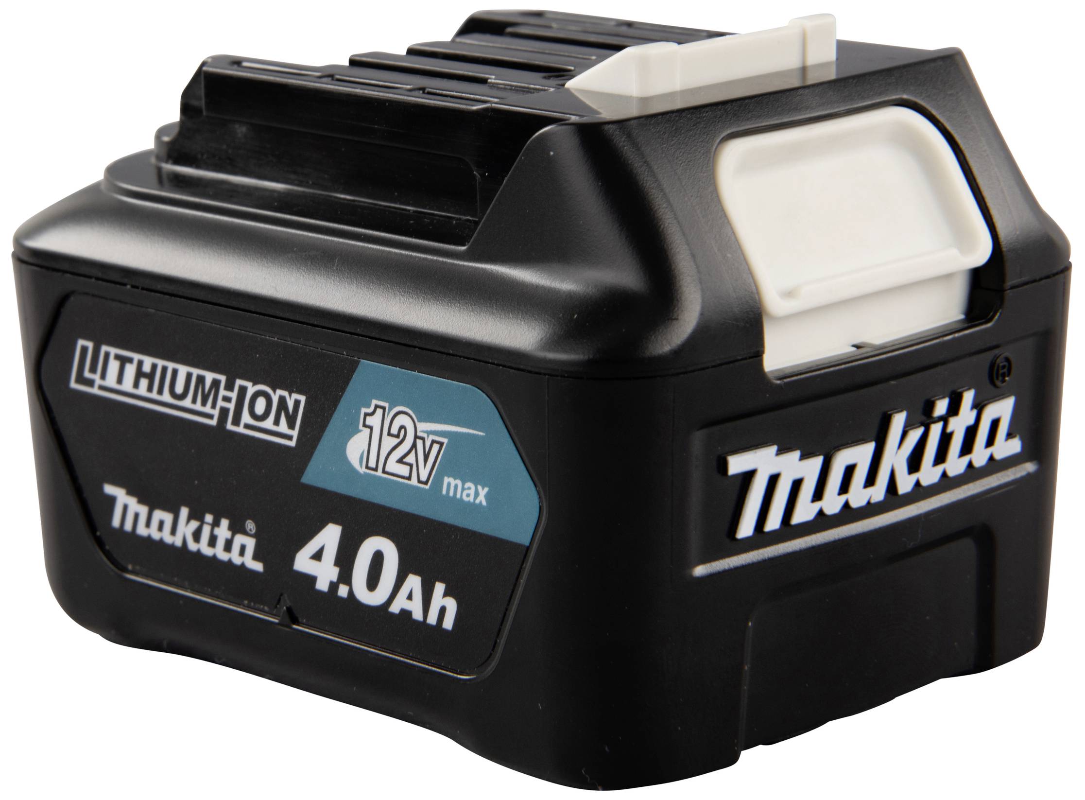 Akumulátor pro elektrické nářadí, 12V, 4,0Ah, značka 'Makita', lithium-iontová technologie, černé tělo s bílým uzávěrem.