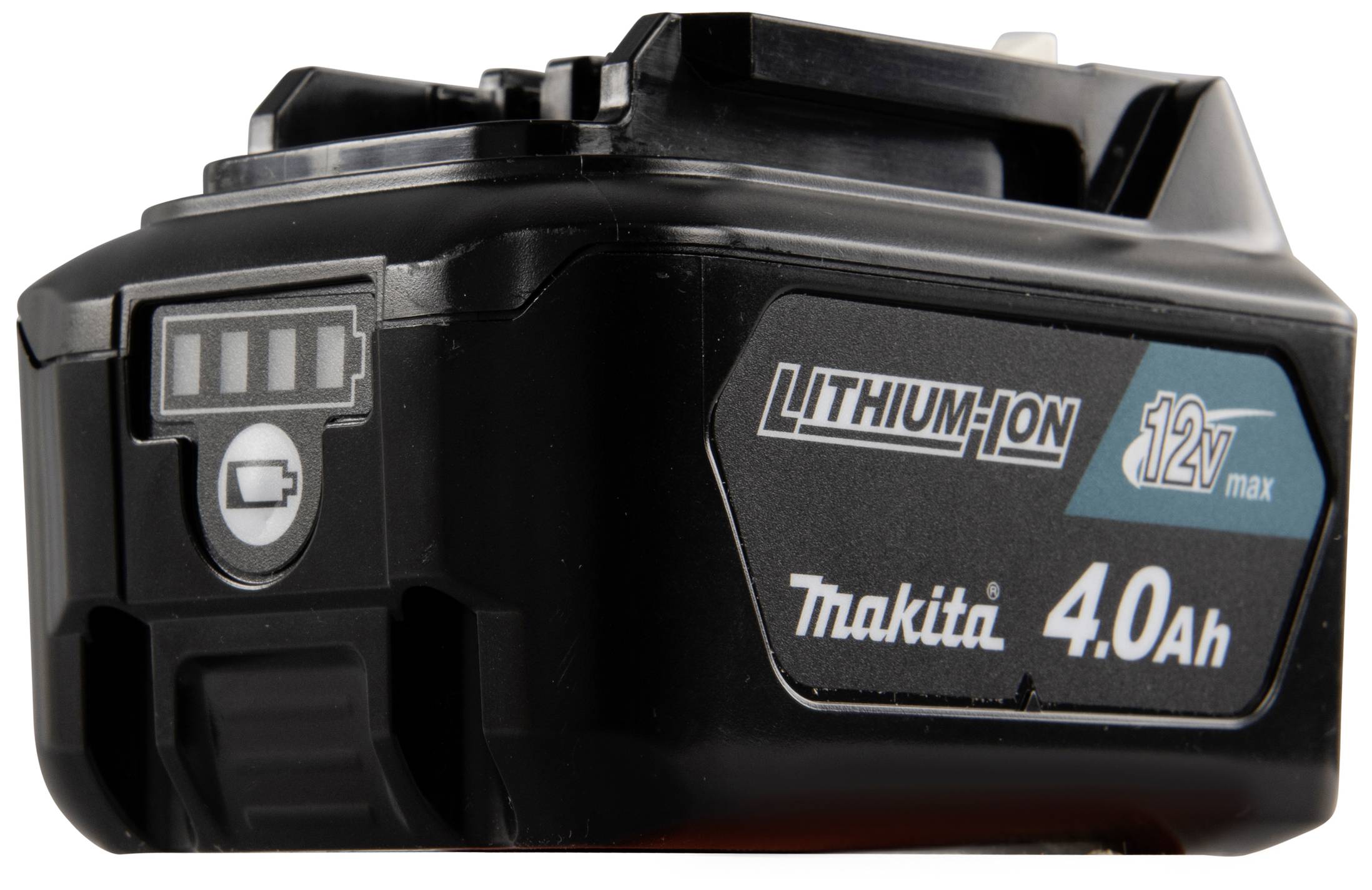 Černý lithium-iontový akumulátor s 4,0 Ah a 12V, obchodní značka na přední straně.
