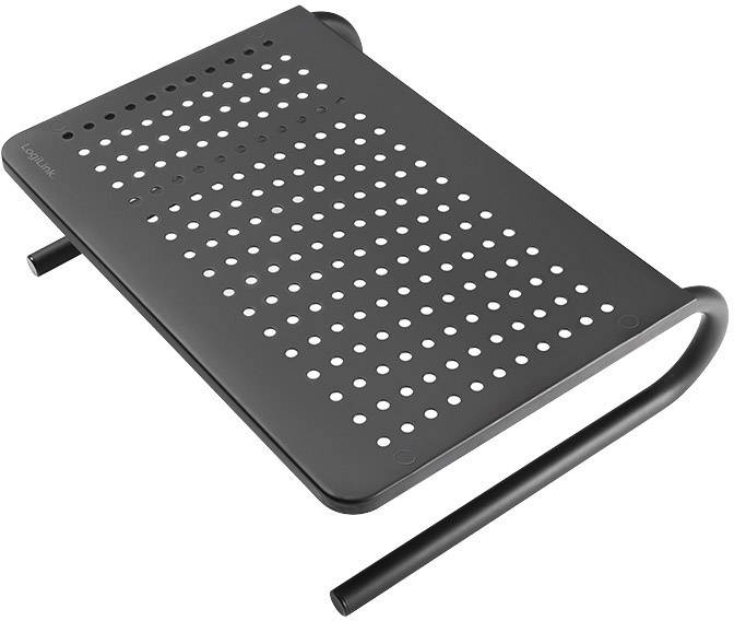 Černený děrovaný stojan na notebook, který spočívá na dvou ohnutých nohách. Zvyšuje polohu notebooku pro lepší ergonomii.