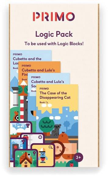 'PRIMO Logic Pack' s knihami: 'Cubetto a ztracená hůlka', 'Cubetto a Lulova fantastická cesta', 'Případ mizející kočky'.