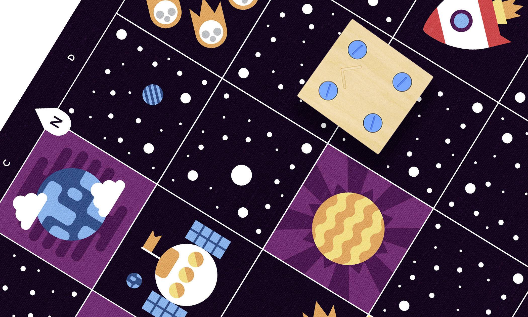 Ilustrace herní desky z vesmíru s kartami a symboly jako rakety, planety a astronautické helmy v rastrové mřížce.