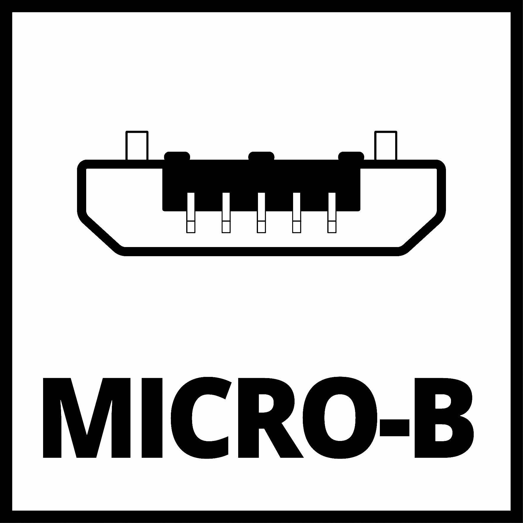 Schéma zapojení konektoru 'Micro-B', obdélníkový tvar s pěti kolíky, text 'MICRO-B' pod ním.