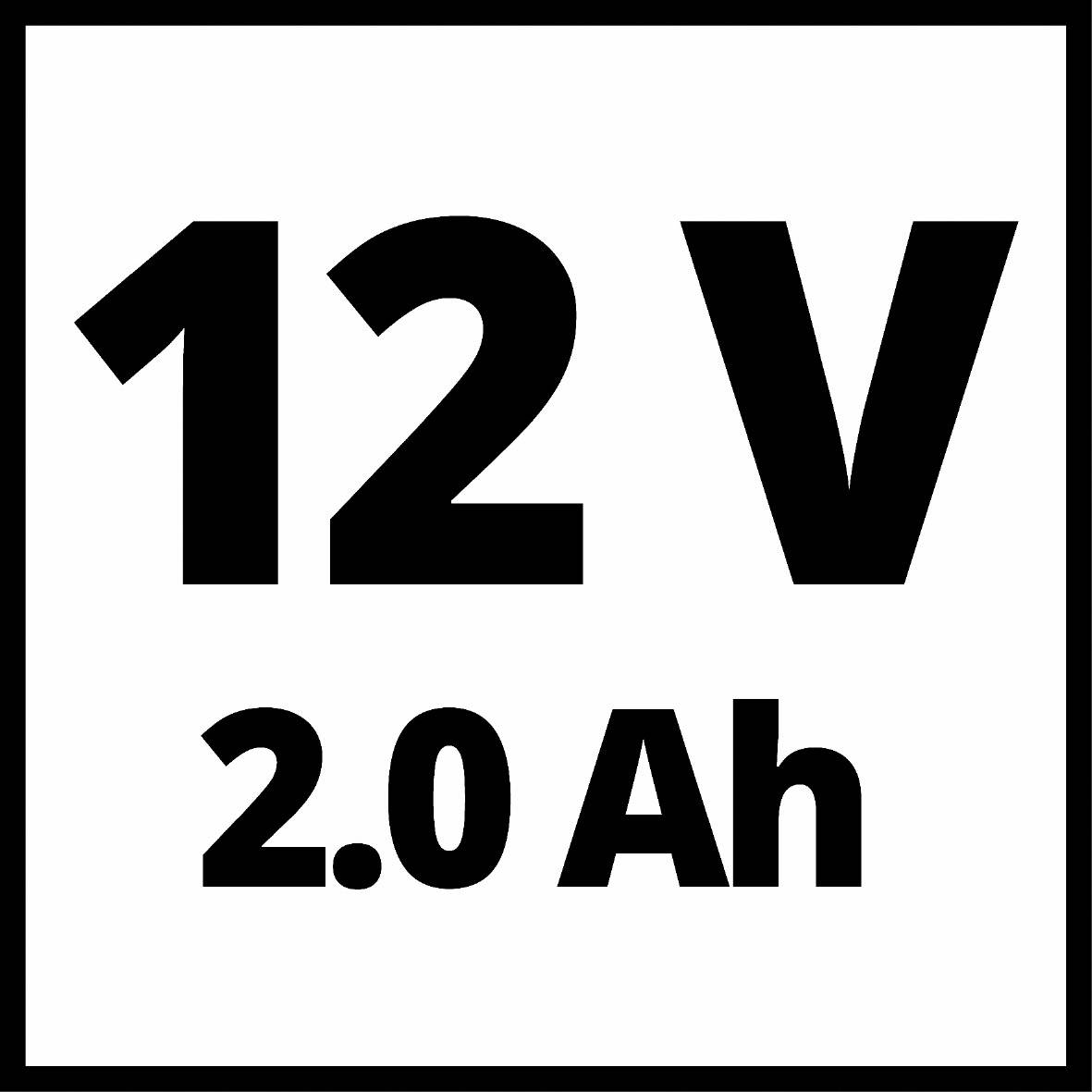 "12 V 2,0 Ah" černým písmem na bílém pozadí. Text označuje napětí a kapacitu baterie nebo akumulátoru.