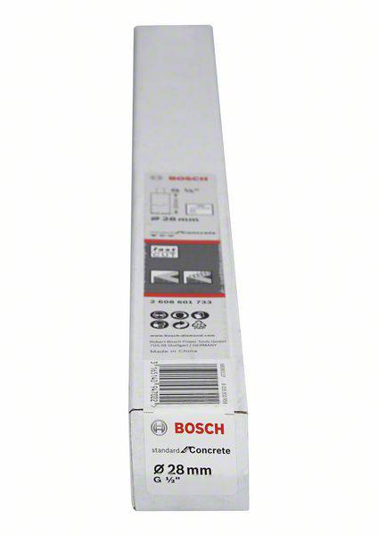 Obdélníkový obal od firmy Bosch obsahující betonový vrták o průměru 28 mm.