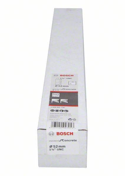 Bílá krabice s logem Bosch, obsahující betonový vrták. Nápis: „52 mm" a „1 1/4" UNC". Popis produktu a symboly na přední straně.