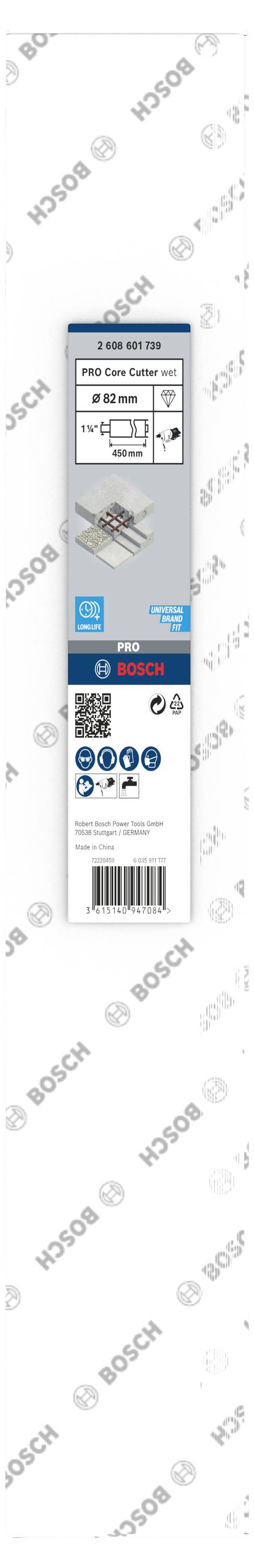 Balení vrtacích korunek Bosch: Zobrazeny jsou detaily specifikace, použití a kompatibility. Obsahuje čárový kód.
