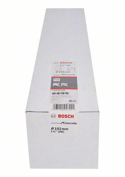 "Bosch betonová vrtací koruna, průměr 102 mm, závit 1 1/4" UNC, vhodná pro opracování betonu. Balení s logem výrobce."