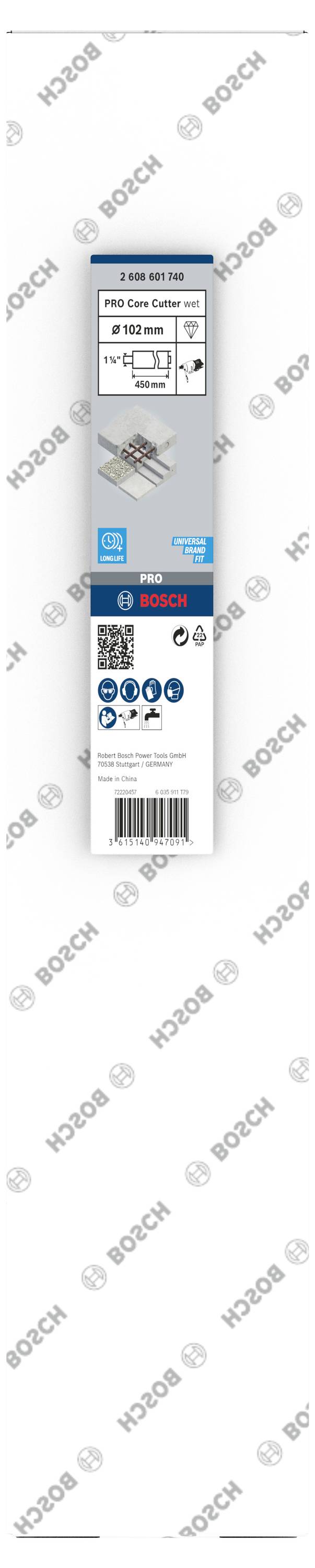 Obalový štítek pro adaptér Bosch Karcher; zobrazuje informace o produktu, kompatibilitu a QR kód pro další podrobnosti.