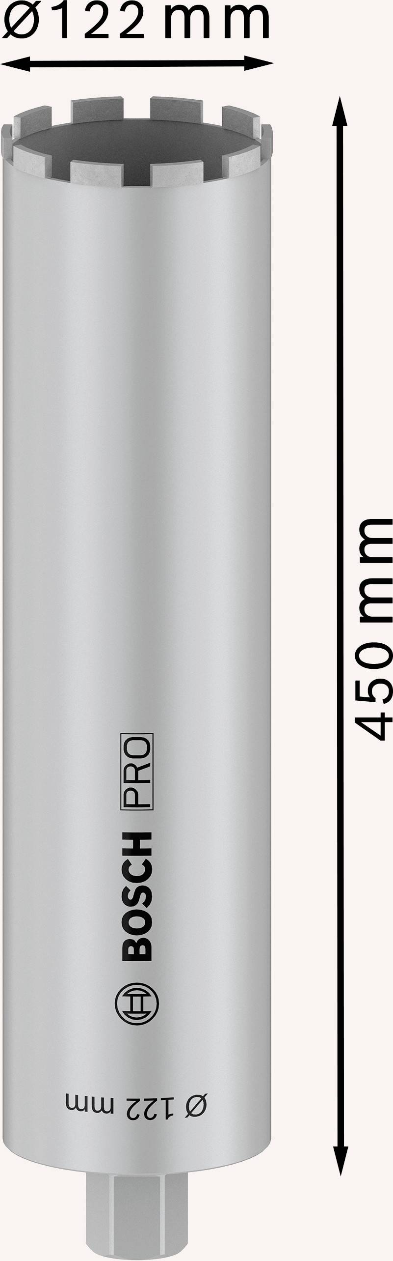 Šedý vrtací válec s nápisem 'Bosch Pro', výška 450 mm, průměr 122 mm, zobrazen vertikálně.