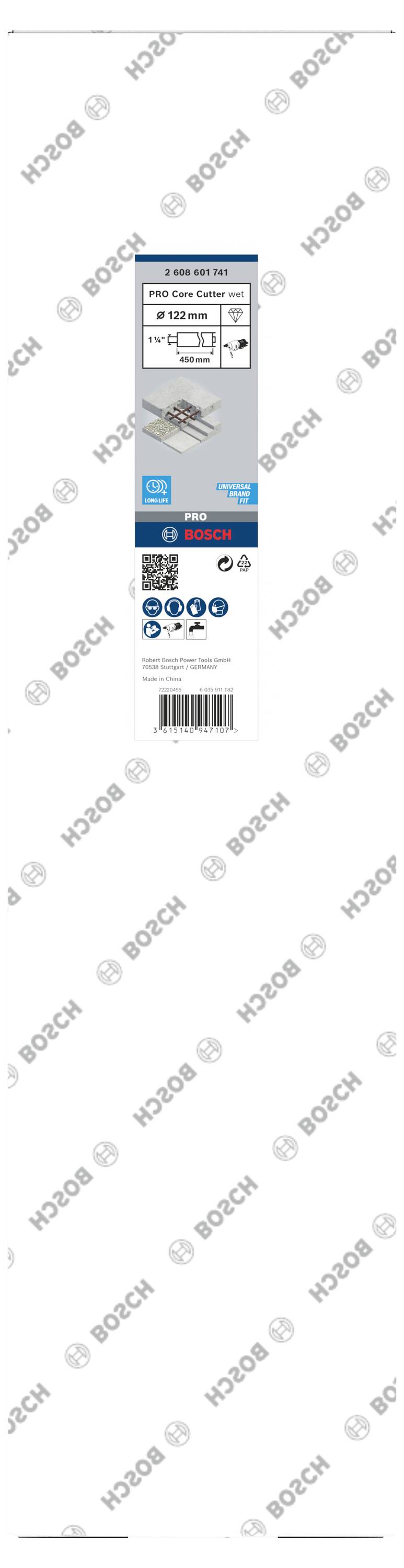 Obal brusného kotouče Bosch. Obsahuje informace o produktu jako je velikost a typ. Viditelné logo značky a symboly pro aplikace.