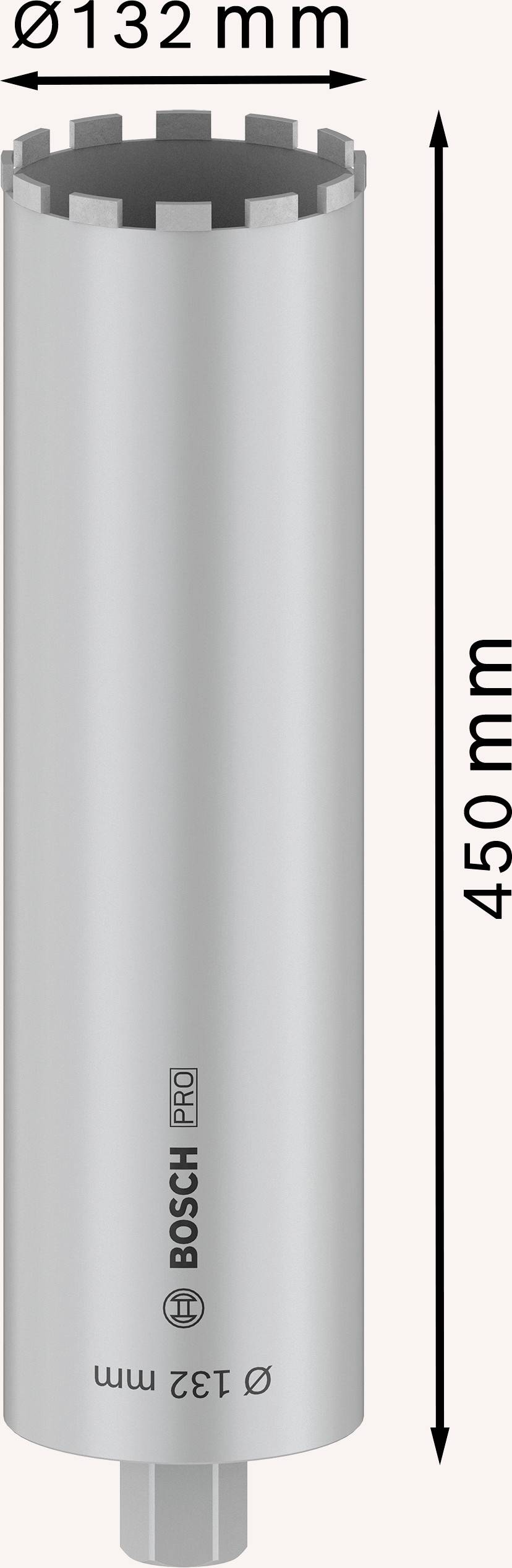 Stříbrná vrtací korunka s průměrem 132 mm a délkou 450 mm. Logo značky na straně. Vertikální zobrazení s rozměrovými údaji.